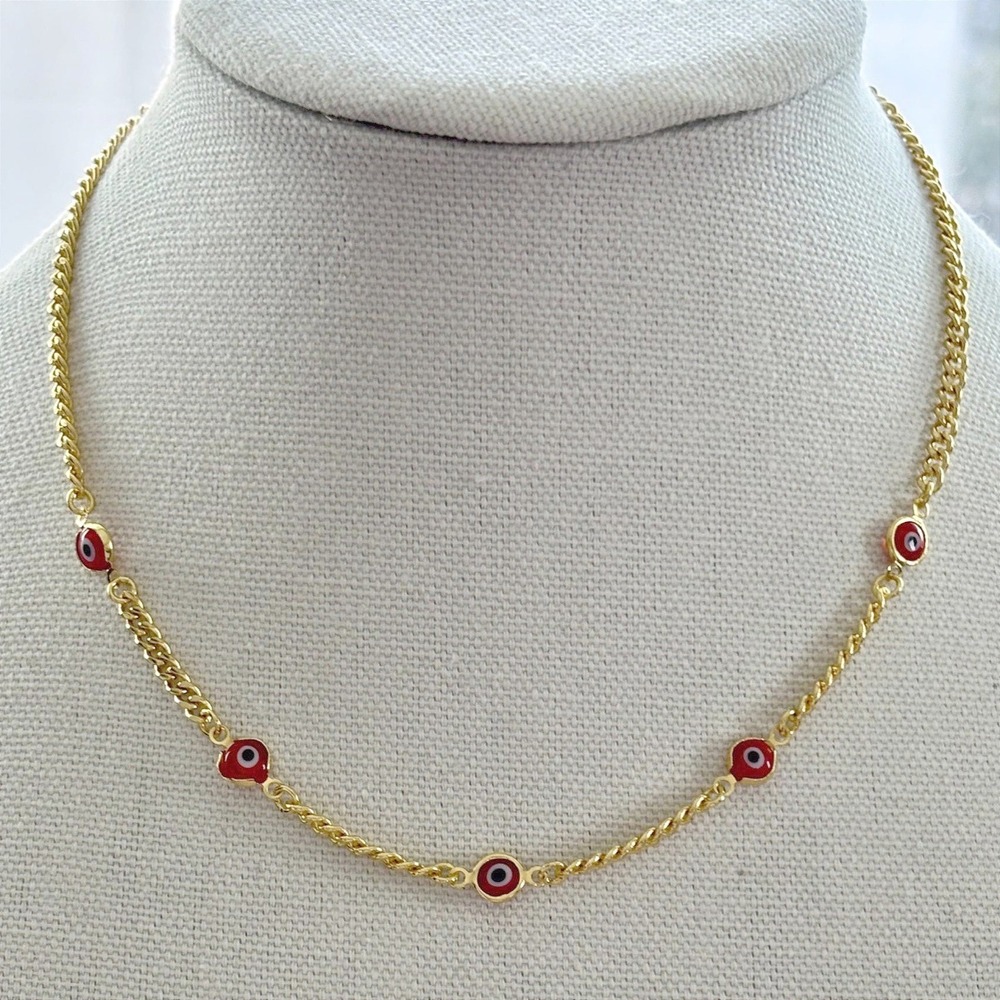 Gold tone  Necklace With Red  Black Evil Eye Charms Adjustable Length Dainty NEW